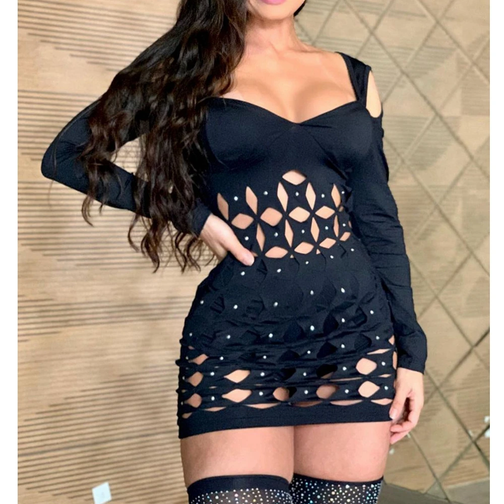 

Wepbel сексуальное облегающее платье для женщин Горячие Стразы Обтягивающие Платья с цветочным принтом с длинным рукавом с глубоким вырезом д...