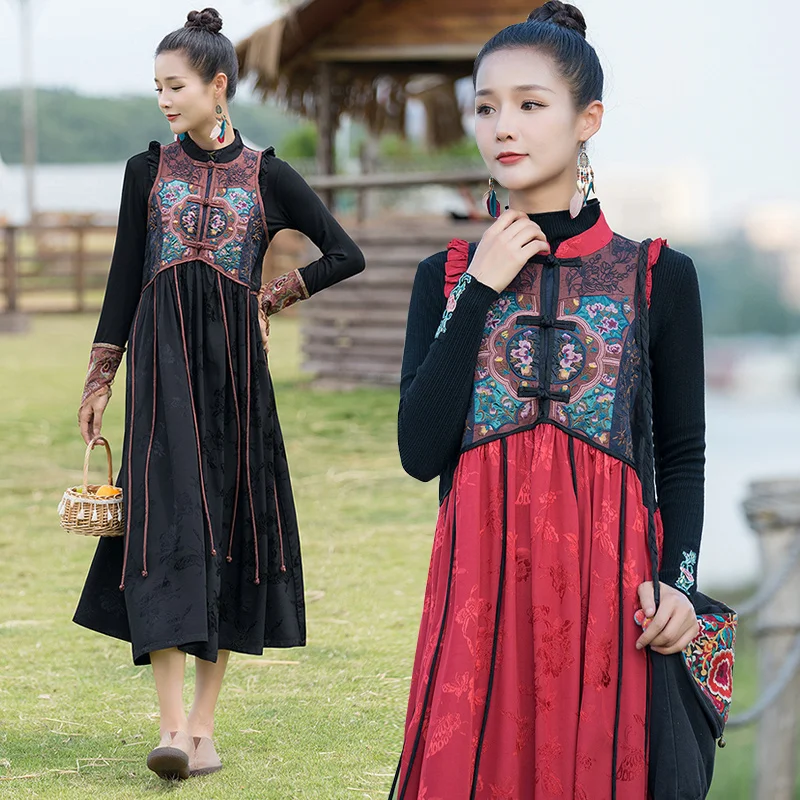 

2023 Chinese new autumn winter national style retro plate button jacquard embroidery dress slim sleeveless outer qipao dress a1