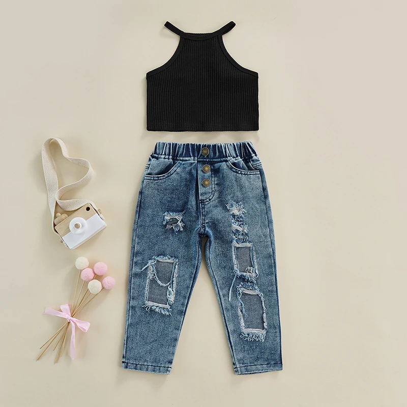 

2Pcs Girls Summer Outfits Fashion Kids Off-Shoulder Sleeveless Tank Tops + Ripped Jeans with Pockets Clothing For 18M-6Yrs
