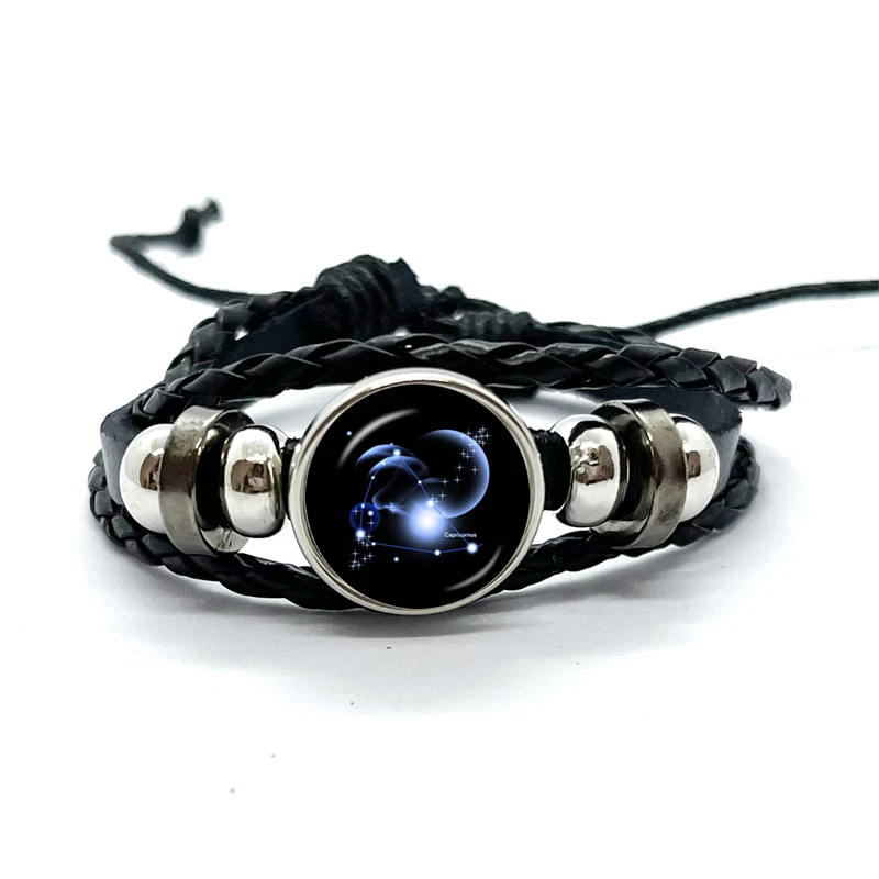 

New Handmade 12 Constellation Zodiac Print Leather Bracelets Glass Dome Snap Buttons Bracelet Bangle for Woman Men Jewelry