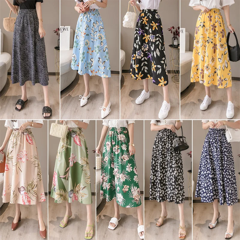 French Style Women Skirts High-Waisted Floral Chiffon Elegant Chic Print Patchwork Jupe Office Lady Pleated with Hip Wrap