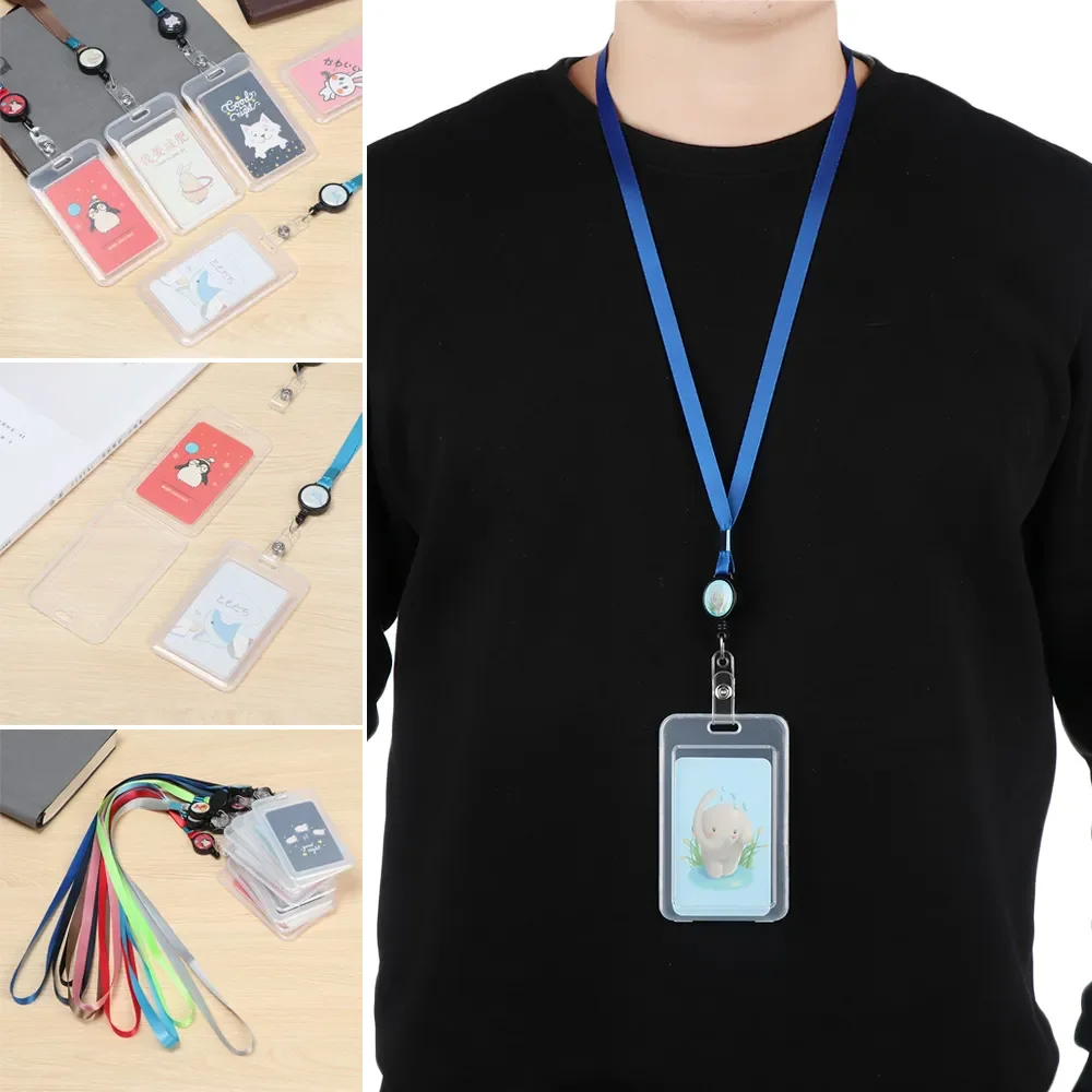 Cartoon Cute Retractable Name Badge Holder Work Card Bank Credit Card ID Business Case Students Bus Card Case With Lanyard