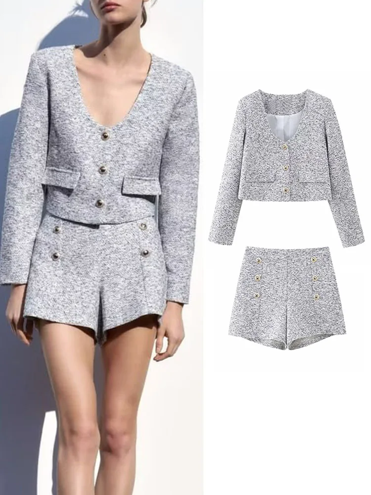 

TRAF Fashion Spring Women Solid Short Jacket Sets Female Long Sleeve O-neck Jackets Back Zipper Shorts Casual High Streetwear