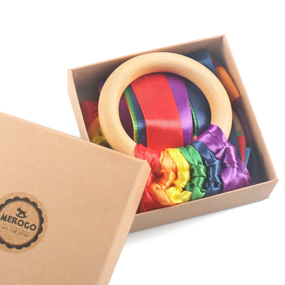 

Rainbow Hand Kite Beech Wooden Ribbon Ringwith Bells Montessori Sensory Toys Learning Education Baby Rattle Toys D44Y