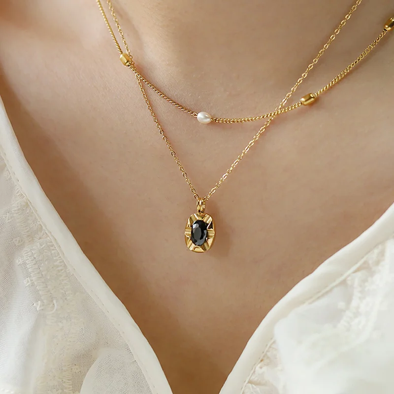 

Vintage Square Black Diamond Stainless Steel Pendants Statement Necklace For Women Fashion Jewelry