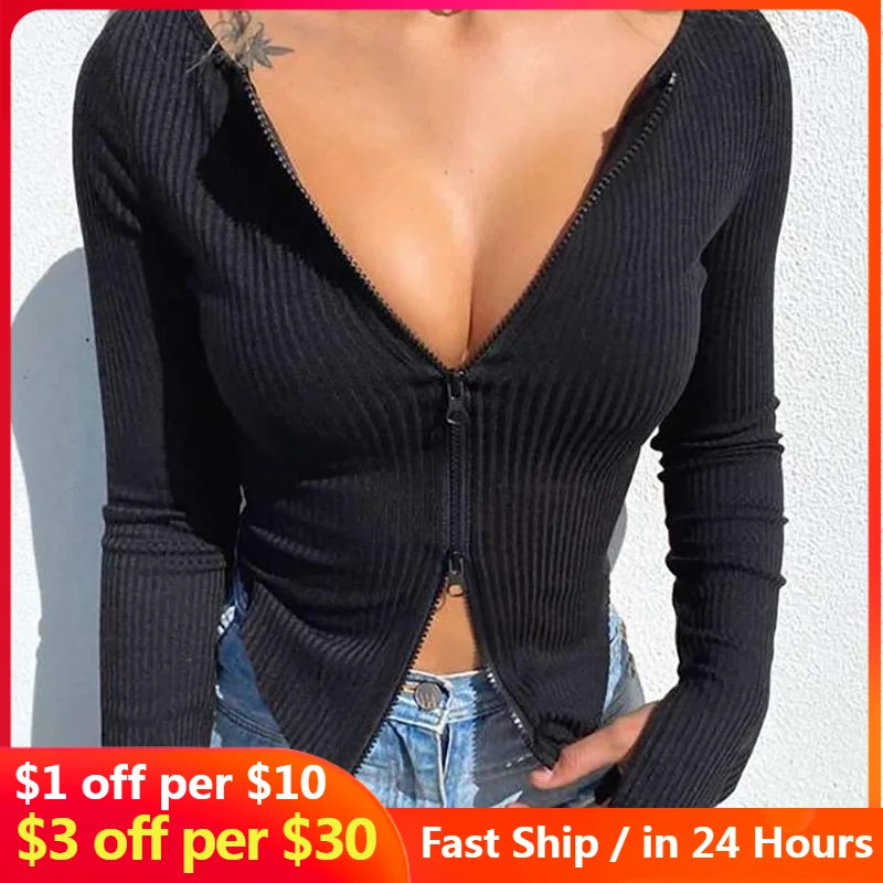 

Women Front Zipper Ribbed Crop Top Autumn Solid Color Zip Long Sleeve V Neck Tight Knitwear T Shirts Tops
