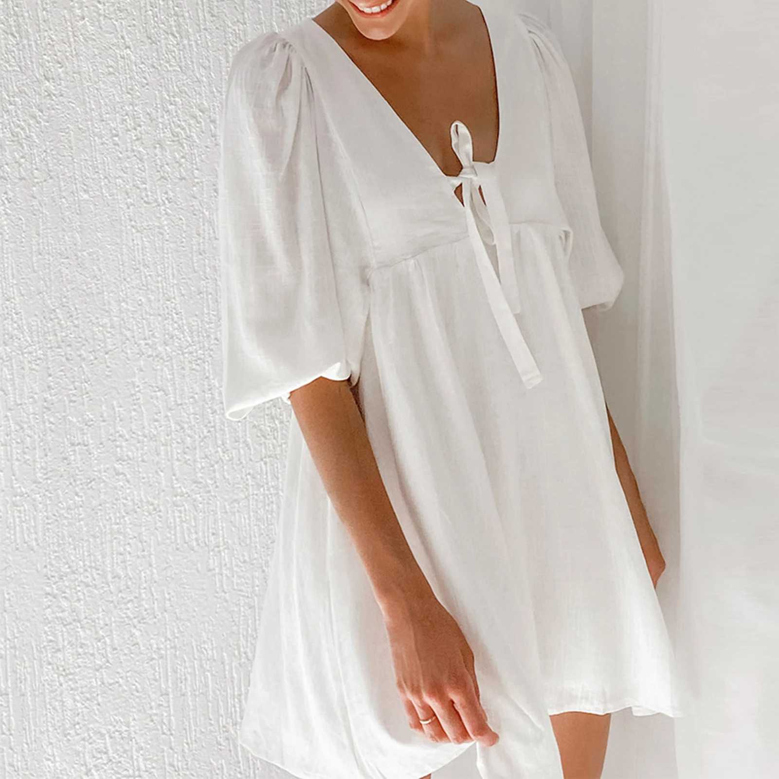 

Summer Dress 2023 Holiday Sexy Elegant Women Party Mini Short Korean V Neck Solid Cotton Boho Dresses Ladies Fairy Beach Dress