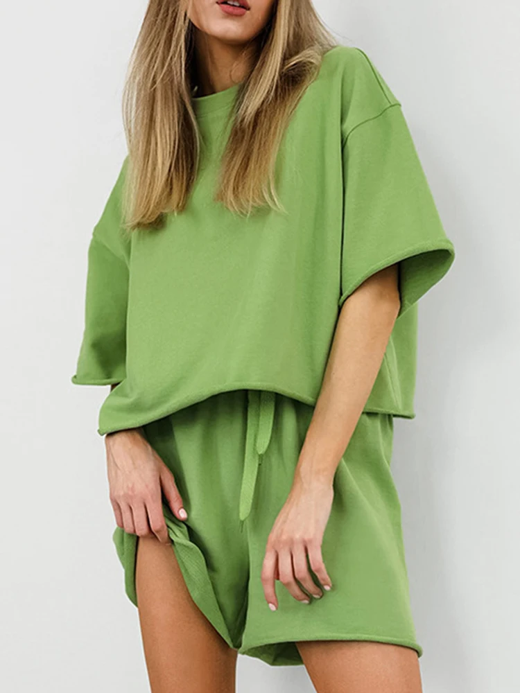 

2023 Summer New Shorts Crop Top Outfits 2pcs Suits Green Fashion Casual O-Neck Loose Lace Up Shorts Two Pieces Sets For Women