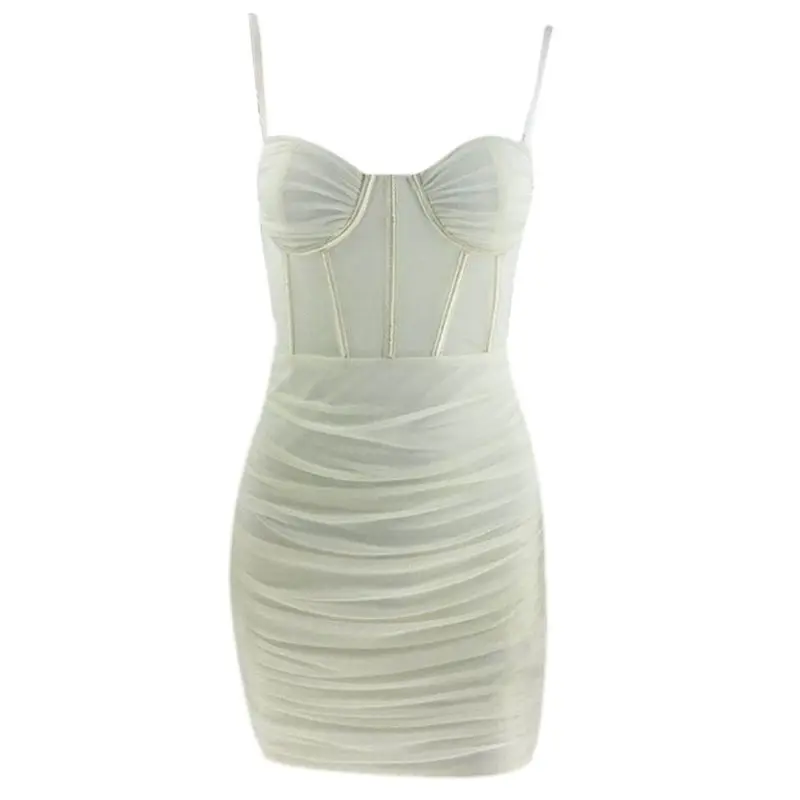 

Women Spaghetti Strap Bodycon Corset Mesh Mini Sling Dress Solid Color Sexy Off Shoulder Backless Ruched Party Clubwear