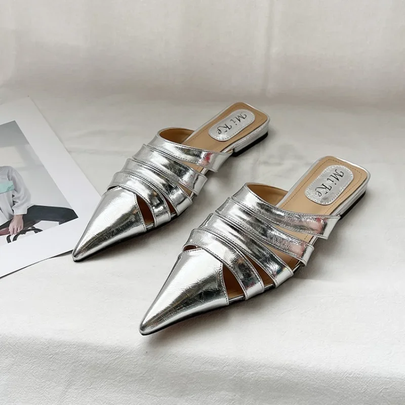 Сланцы женские с острым носком повседневные шлепанцы на плоской подошве летняя