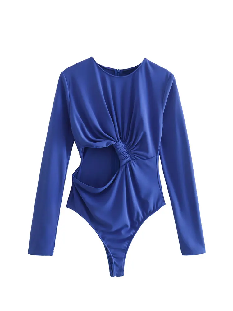 

Nlzgmsj ZBZA Women Sexy Solid Color O Neck Bodysuits 2022 Long Sleeve Knitted Slim Jumpsuits Ladies Hollow Out Tops 202203