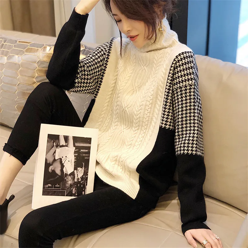

Plaid Women's Sweater Casual Jumpers Fashion Long Sleeve Top Cotton Loose O-neck Autumn Winter Pullovers Houthion