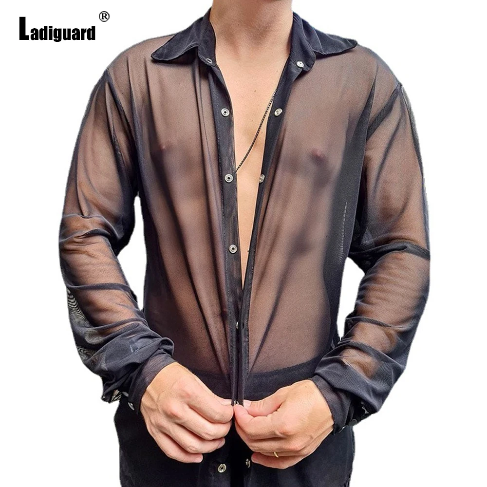 2022 European Style Fashion See-through Polo Shirt Men Long-sleeved Top Sexy Transparent Blouse Male Elegant shirt blusas homme
