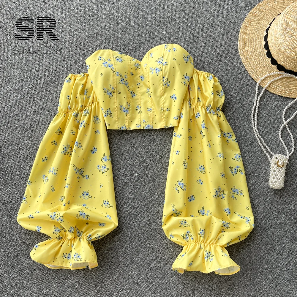 Женская блузка без бретелек SINGREINY корейский топ с цветочным принтом эластичная