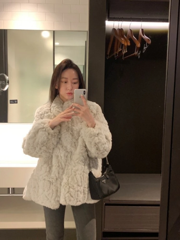 ICCLEK 2020 winter new Korean imitation Rex rabbit fur coat medium long thickened Lantern Sleeve Lamb Fur grass Plush coat