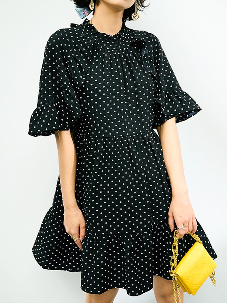 

Ruffles Polka Dots Dress Summer Women New Short Sleeves Smocked Collar High Waist Dresses Femme Elegant Casual Mini Robe Fashion