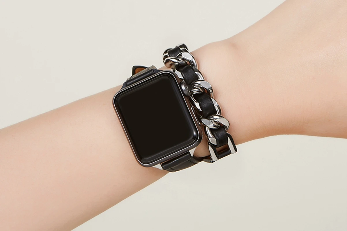 

Genuine Leather Strap for Apple Watch Band Series Ultra Stainless steel leather bracelet Leather Gourmette Metal Double Tour