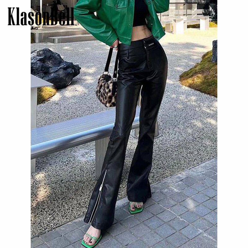 

9.30 KlasonBell Fashion Black Zipper Hem Leather Flared Pants Women