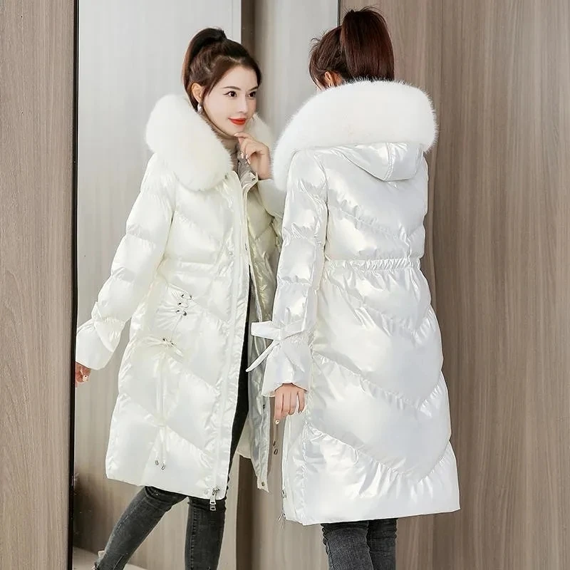 Parkas Women 2022 Winter New Fashion Shiny Wash-free Padded Coat Female Casual Thick Long Hooded Fur collar Down Cotton Jacket