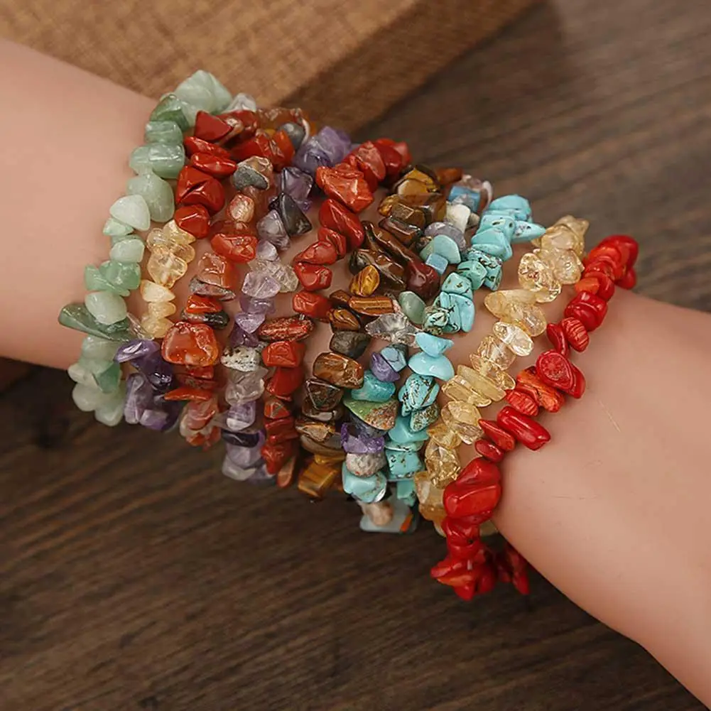 

Quartz Natural Stone Bracelet Handmade Bangles 7 Chakra Jewelry Crystal Chipped Healing Beads Stretchy Reik Natural Gravel Q4D7