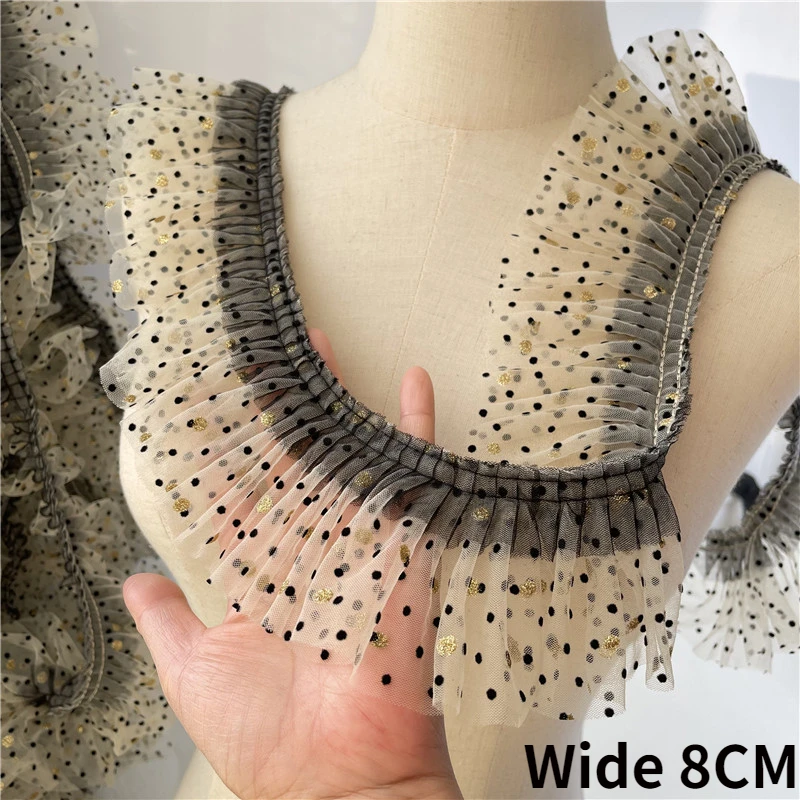 

Ширина 8 см, двойная абрикосовая Тюлевая ткань с оборками, Женская Золотая, черная плиссированная кружевная оборка в горошек, отделка для ук...