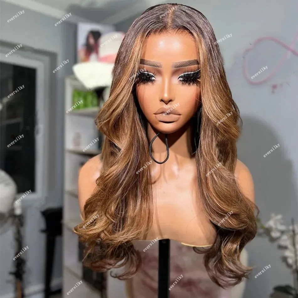 Highlight Chocolate Balayage Brown Human Hair Full Lace Wigs HD Transparent Lace Chestnut Blonde Super Wave 5x5 Lace Closure Wig