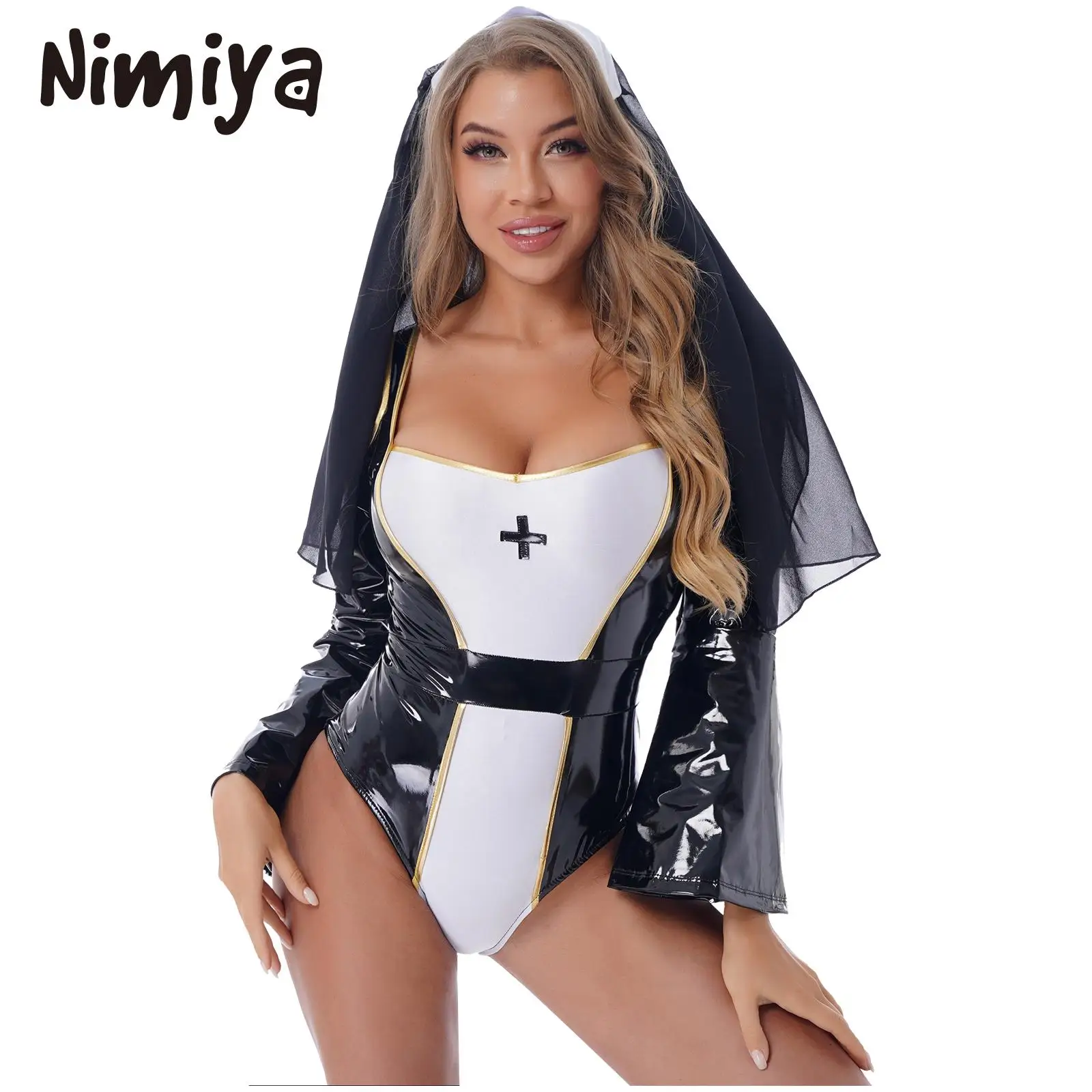 

Женский комбинированный костюм Nimiya, из искусственной кожи, шифона, с расклешенными рукавами, для косплея, Хэллоуина
