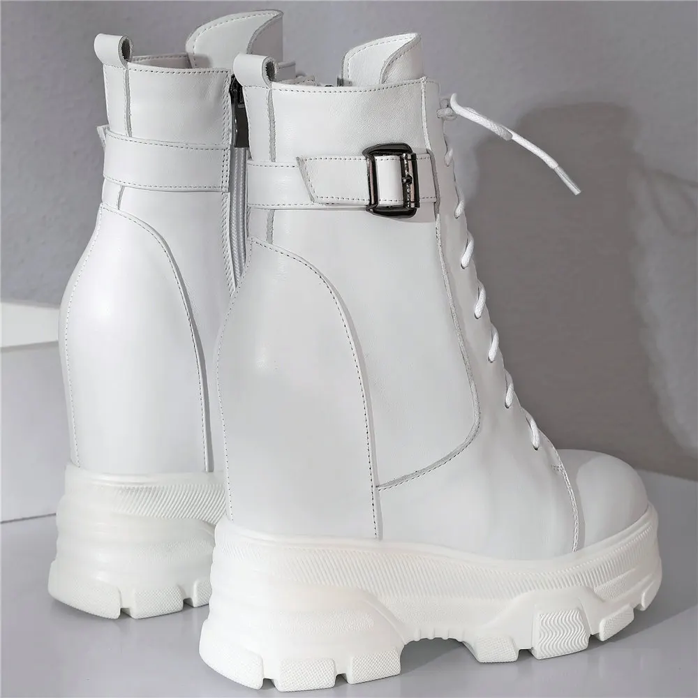 Platform Pumps Women Lace Up Genuine Leather Height Increasing Ankle Boots Female Winter High Top Fashion Sneakers Casual Shoes