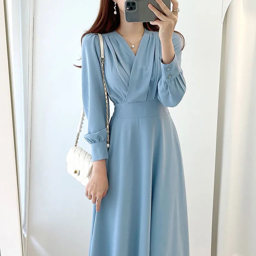 

New Harajuku V-neck puff sleeves A-line maxi dress women's solid color midi robe Korean office dress elegant