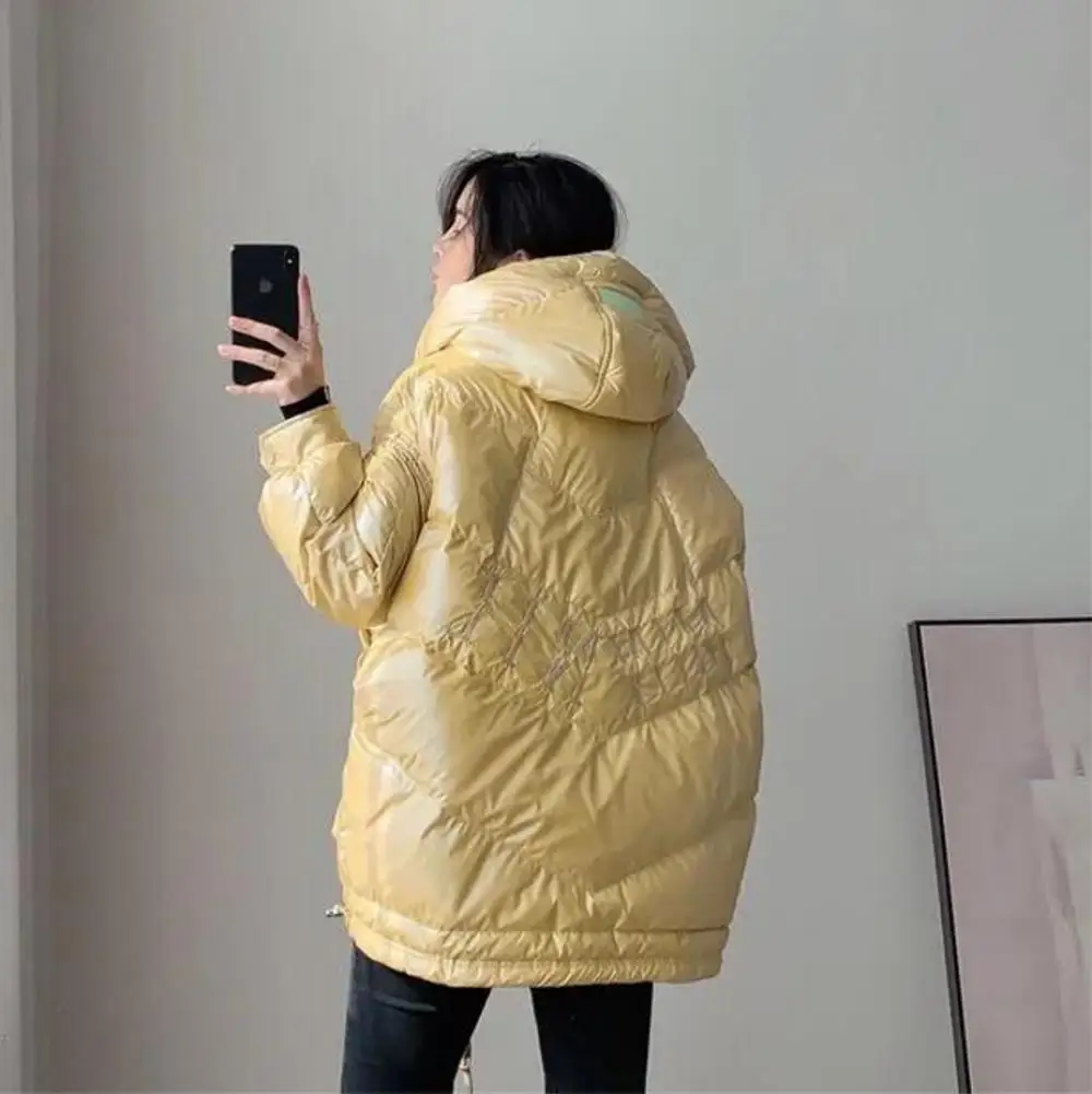 2022 Warm Winter Disposable Shiny Down Zip Jacket Women Embroidered Letters Loose Oversized Hooded White Duck Down Parkas Jacket