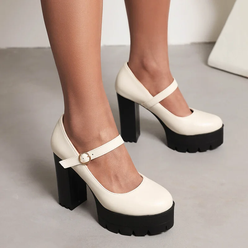 

New Women Genuine Leather Buckle Strap Mary Janes Platform Shoes Woman Pumps High Heels Dress Shoes Retro Ladies Wedding Shoes