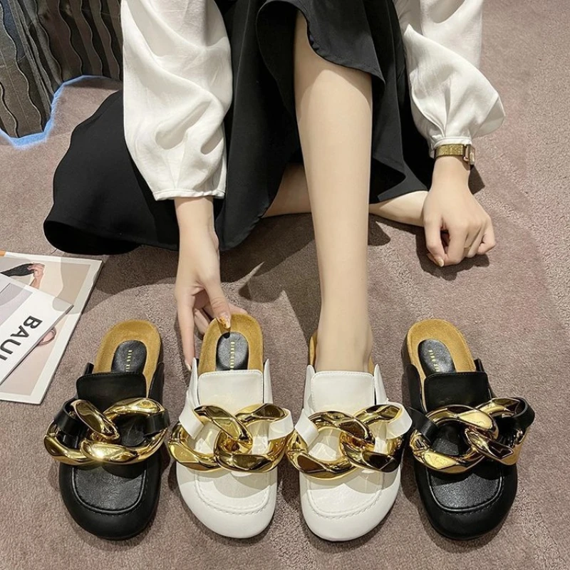 

Sandals Brand Designed Women's Slippers Fashion Big Gold Chain Shoes Mul Round Toe Flat Heel Casual 42