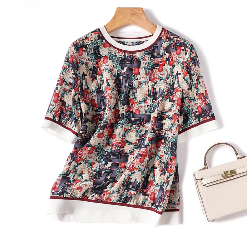 

Silk Women's T-shirt Summer 2023 New Printed Loose Satin Tees Short Sleeves Tops Ladies O-neck Patchwork Clothing YCMYUNYAN