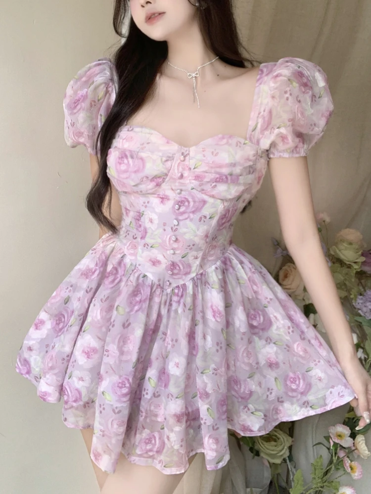 

France Vintage Floral Dress Women Summer Sexy Party Mini Dress Casual Print Beach Designer Chic Puff Sleeve Fashion Dress Female