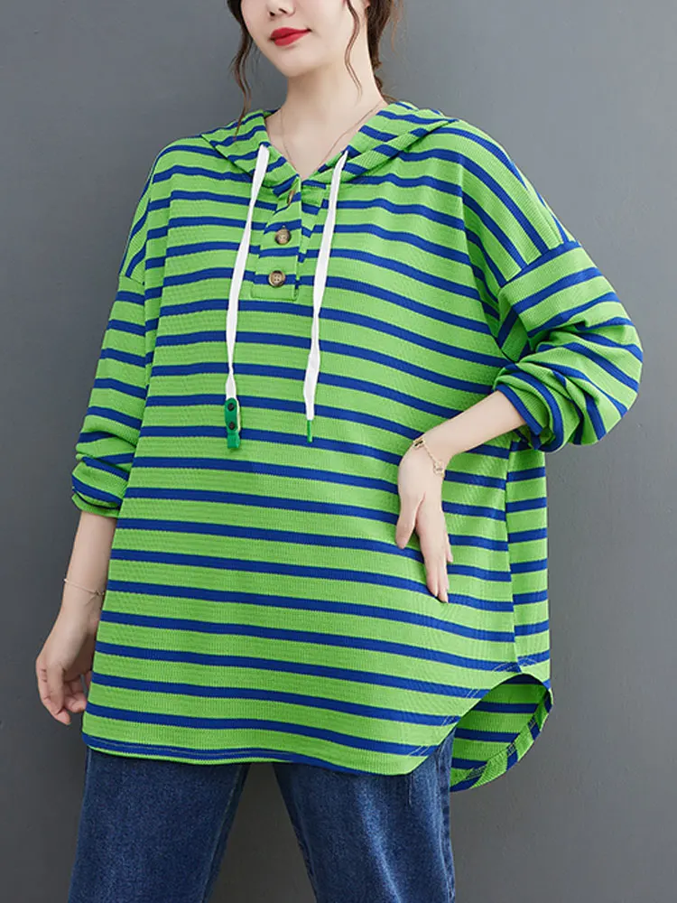 

DIMANAF 2022 Autumn Winter Women Hoodies Sweatshirt Bat Striped Pullover Oversize Buttons Loose Casual Cotton Green Clothing