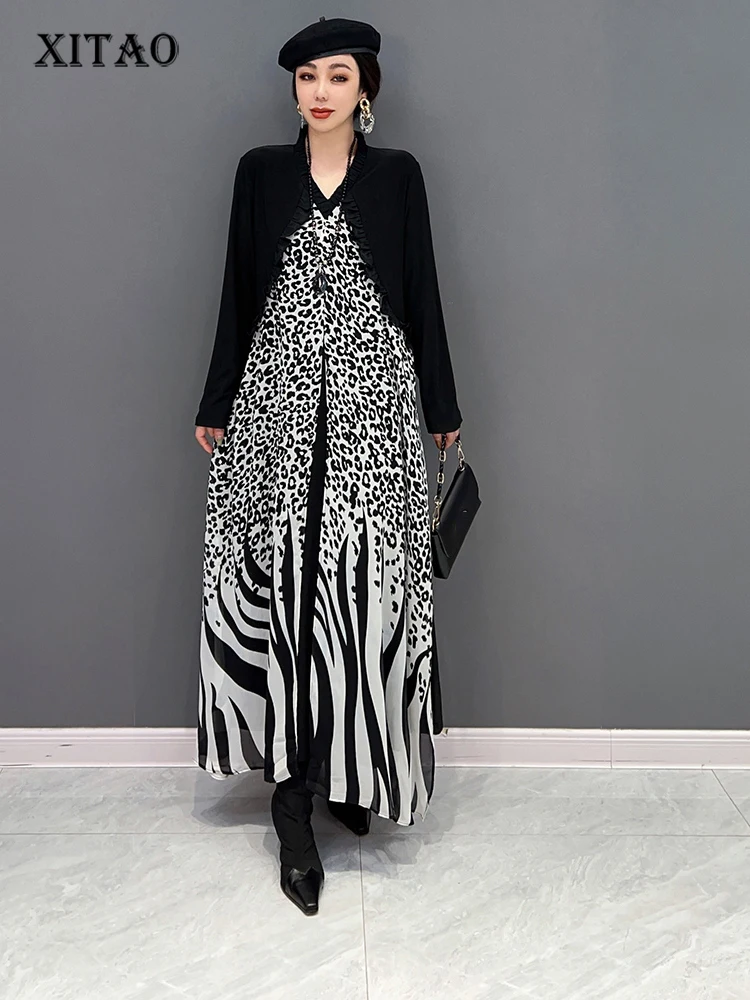 

XITAO/черное платье с леопардовым принтом в стиле пэчворк; Свободное платье с треугольным вырезом; Новинка 2023 года; Сезон весна; Повседневная м...