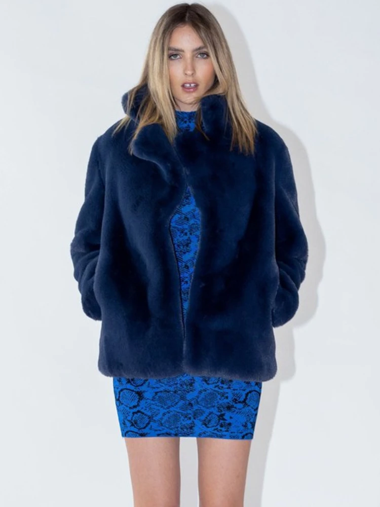 Fashion Lapel Blue Faux Rabbit Fur Jacket Women 2022 New Elegant Ladies High Street Outwear Casual Warm Faux Fur Coats