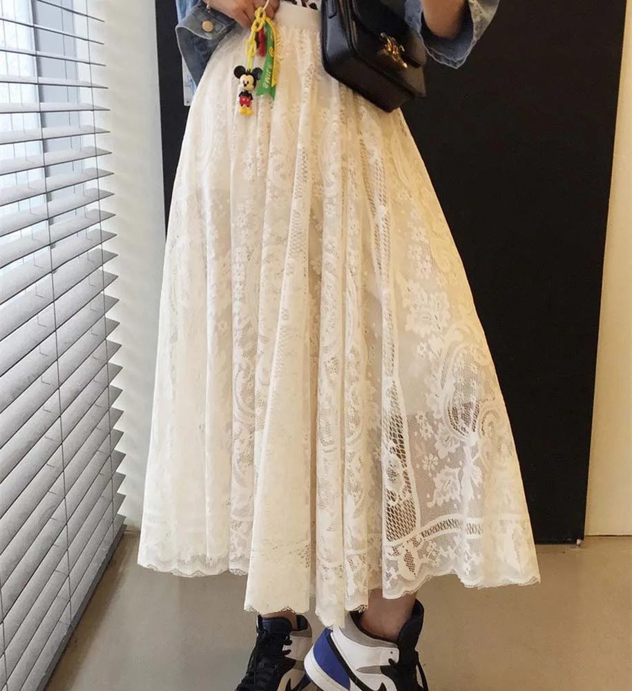 

Skirt 2022 Summer Chic Korean Ins Beautiful Full Lace Crochet Elastic High Waist Long Skirt Leisure Summer A-line Elegant Skirt