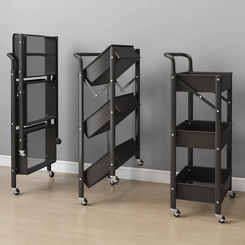 Installation-free Cart Rack Shelf Portable Foldable Storage Three-layer Storage Rack for Kitchen and Bathroom Storage Organizer