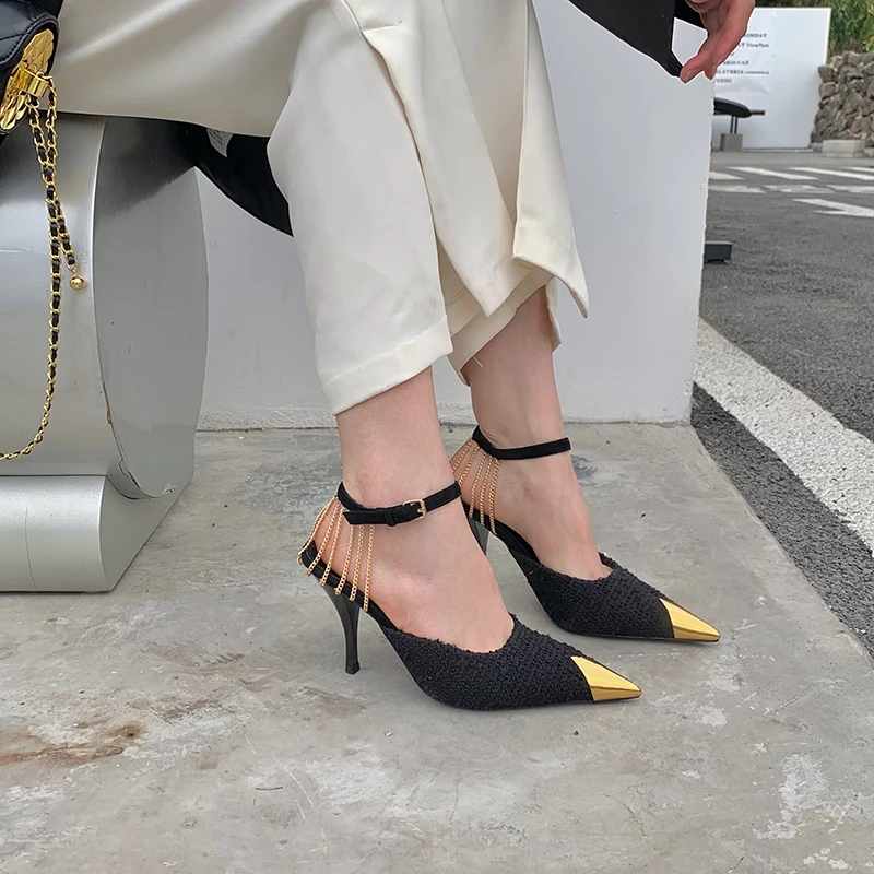

Pointed Toe Women Sandals Black Thin High Heels Ankle Strap Summer Party Dress Sandals Metal Chain Gold Design Summer Slides
