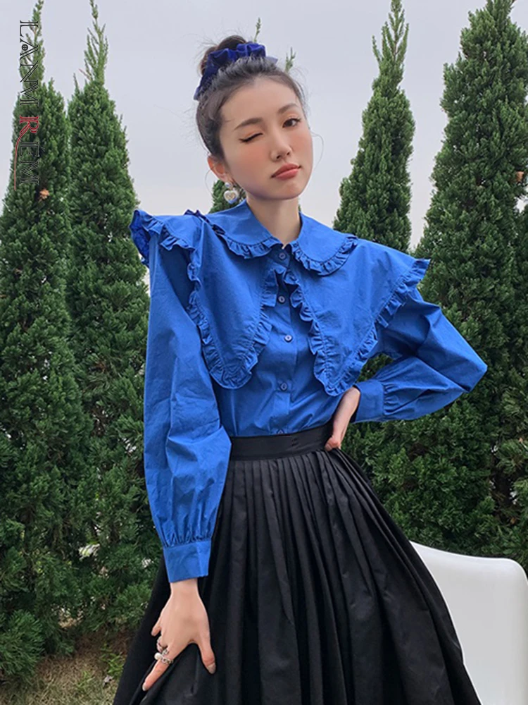 

LANMREM Double-layer Collar Shirt For Women Solid Color Sweet Edible Tree Fungus Full Sleeve Tops 2022 Spring Female 2N530