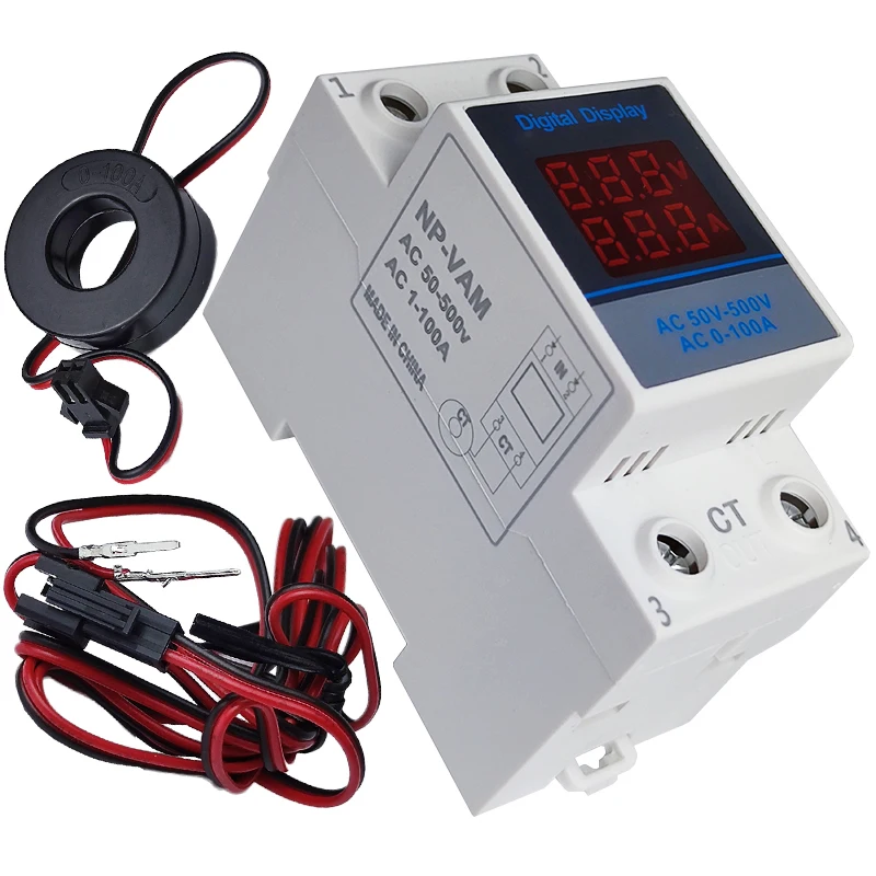 

1Pcs NP-VAM Din Rail Digital 1-100A / 1-63A Ammeter AC 50-500V Voltmeter LED Display Amp Volt Meter With Transformer