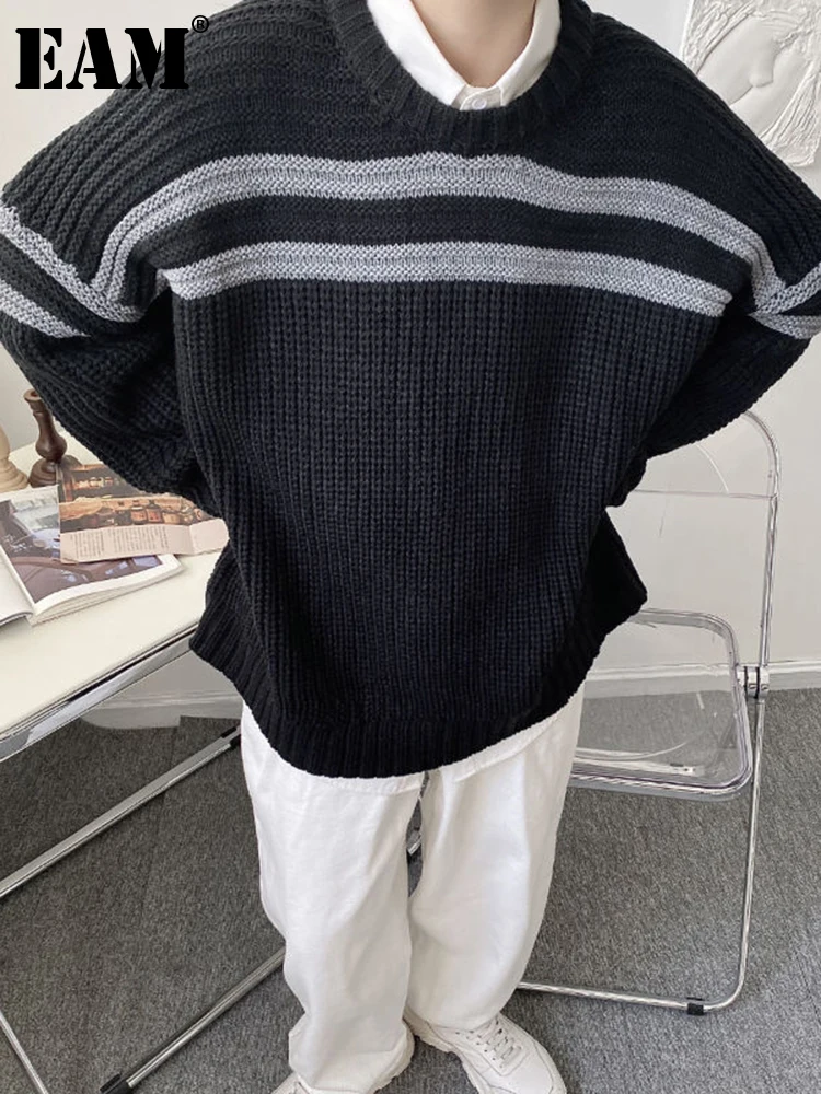 

[EAM] полосатый вязаный свитер большого размера, свободный крой, круглый вырез, длинный рукав, женские пуловеры, новая мода осень-зима 2023 1DF0840