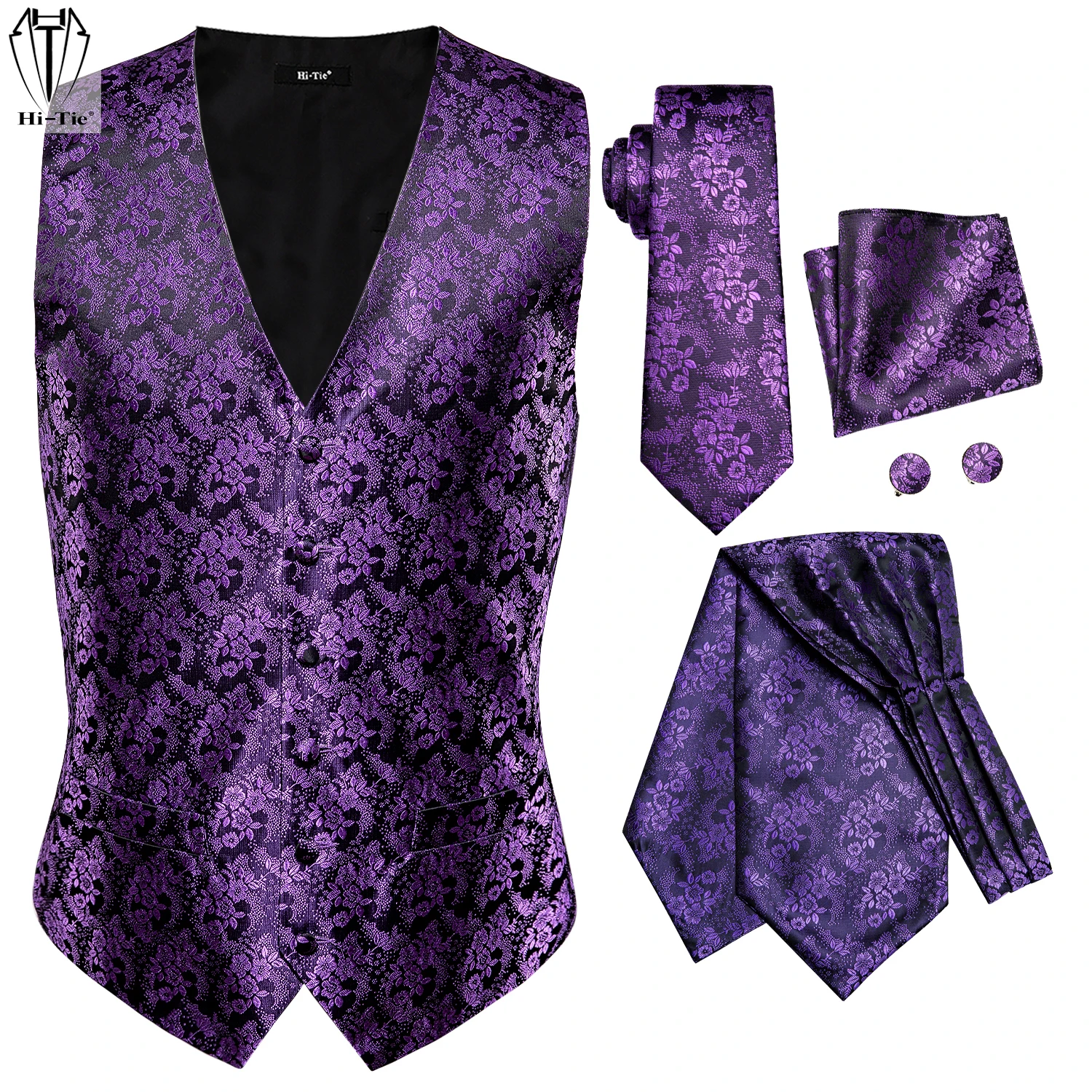 

Jacquard Silk Mens Vests Necktie Ascot Set Waistcoat Tie Cravat Hanky Cufflinks for Men Wedding Party Business New Luxury Hi-Tie