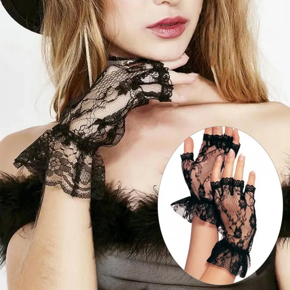 

1 Pair Black Sexy Women Gloves Breathable Elegant Solid Color Wrist Ruffle Fingerless Gloves for Wedding Banquet