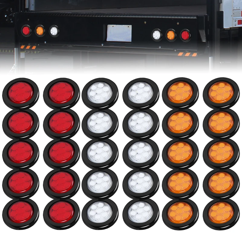 10pcs 12V 7 LED Side Marker Lights 2 inch Round Tail Brake Light Flush Mount Turn Signal Lamp For Truck Trailer Tractor Bus ATV