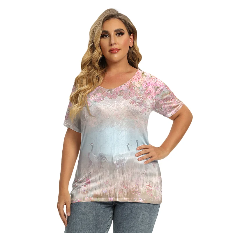 

Vintage Floral Casual T-Shirts Summer Short Sleeve V-Neck Printed Pullover Tops Women Cotton T-Shirts Female Streetwear Clothing