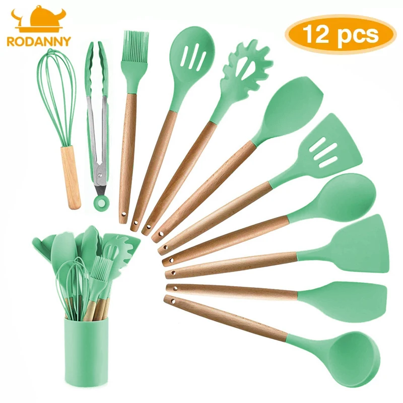 

Rodanny 12PC Kitchen Silicone Cooking Utensils Set Non-stick Cookware With Wooden Handle Easy To Clean Shovel Spoon Cooking Tool