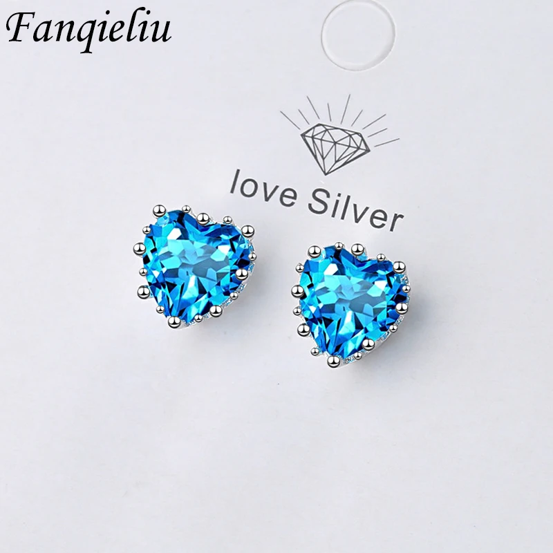 

Fanqieliu Silver Color S925 Stamp Blue Crystal Jewelry Luxury Heart Stud Earrings For Women New Trendy FQL20247