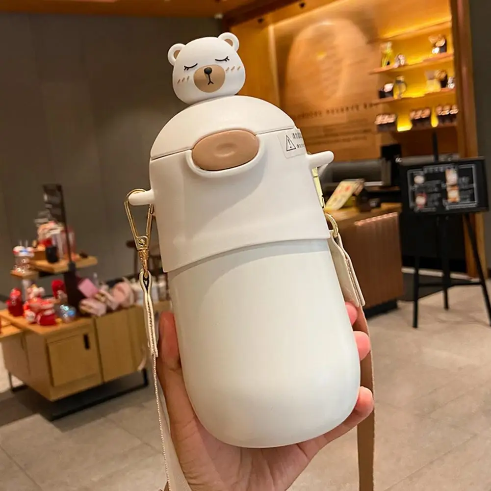 

500ML New Kawaii Bear Thermos Bottle Cute Kids Straw Water Bottle Insulated Stainless Steel Student Girls Thermal Drink Bottles